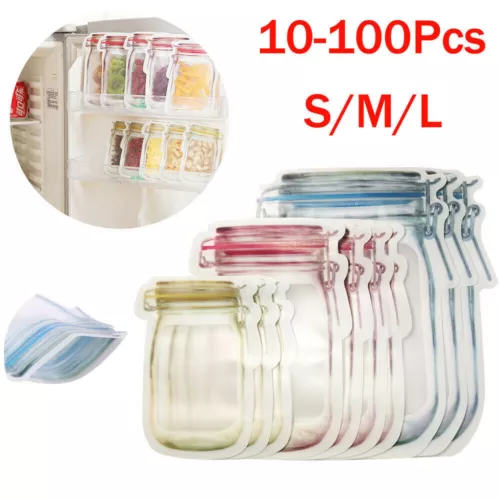 Reusable Mason Jar Bottle Zip Seal Bags Silicone Snack Candy Food Storage Bag US
