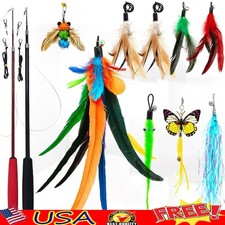 Interactive Cat Teaser Wand Set Dual-Size Extendable W/ Feather Refills New