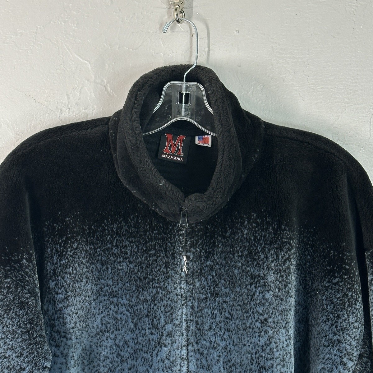 Vtg 90s Mazmania Fleece Jacket Black Blue Wolf Wolves Nature