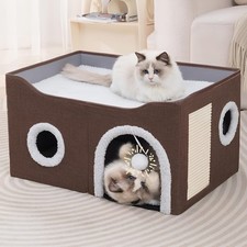 Loyareal Large Indoor Cat House w/ Scratch Pad, Bed Cave  Fluffy Ball - Brown