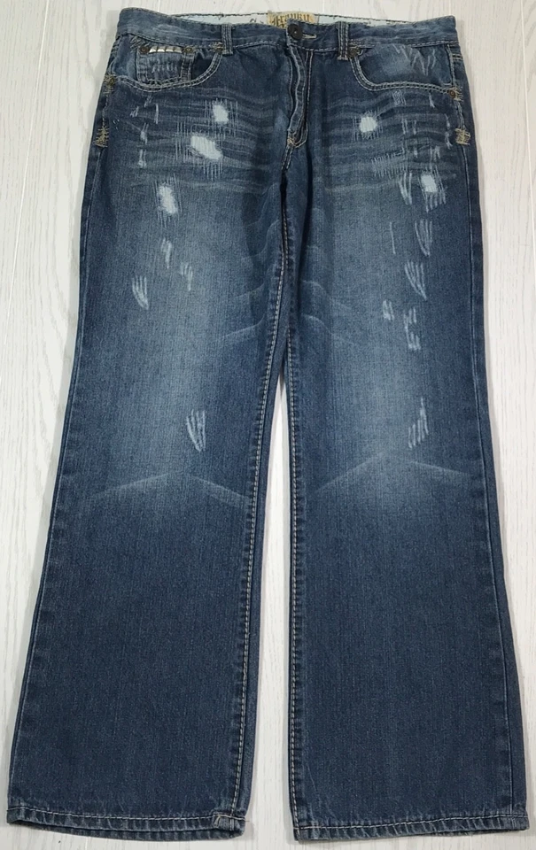 Jeans Franky Max Vintage Hombres 38x32 Azul Bordado Punto Grueso Bigotes Y2K Foto 2 de 4
