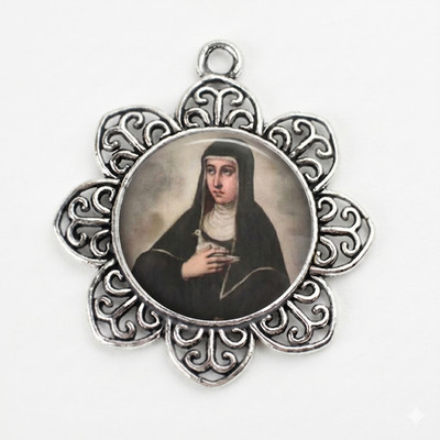 St. Scholastica Medal Catholic Christian Handmade Flower Shape Silver Pendant