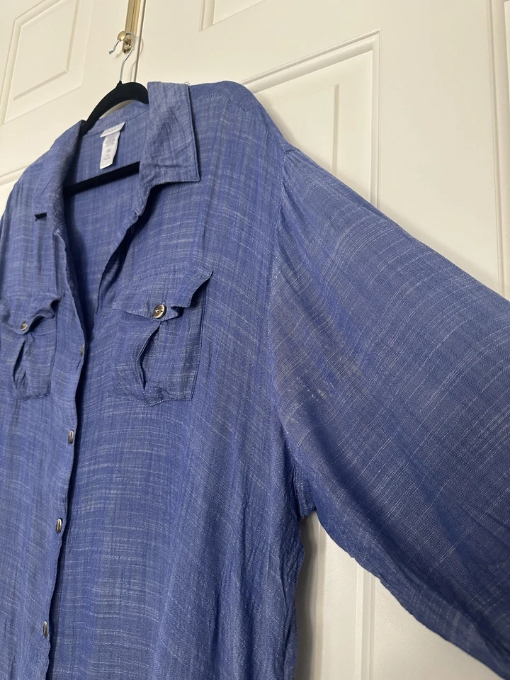 Camisa Dotti Para Mujer 3X Azul Botón Frontal Túnica Vestido Natación Cubrir Manga Larga Foto 2 de 4