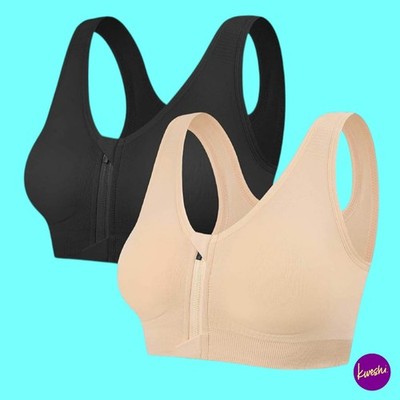 TUOPUDA Women's Sports Bra, Front Zip, Removable Pads, Black & Beige, UK 2XL