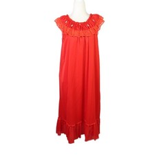 Vintage 70s red nylon frilly midi nightgown dress M
