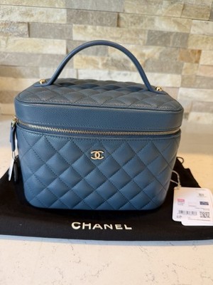 [Rare Color] CHANEL Blue Large Quilted Caviar Vanity Pouch Bag Top Handle