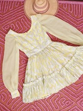 VTG 1960s Yellow Metallic Silver Square Dance Mini Dress Sheer Balloon Sleeve