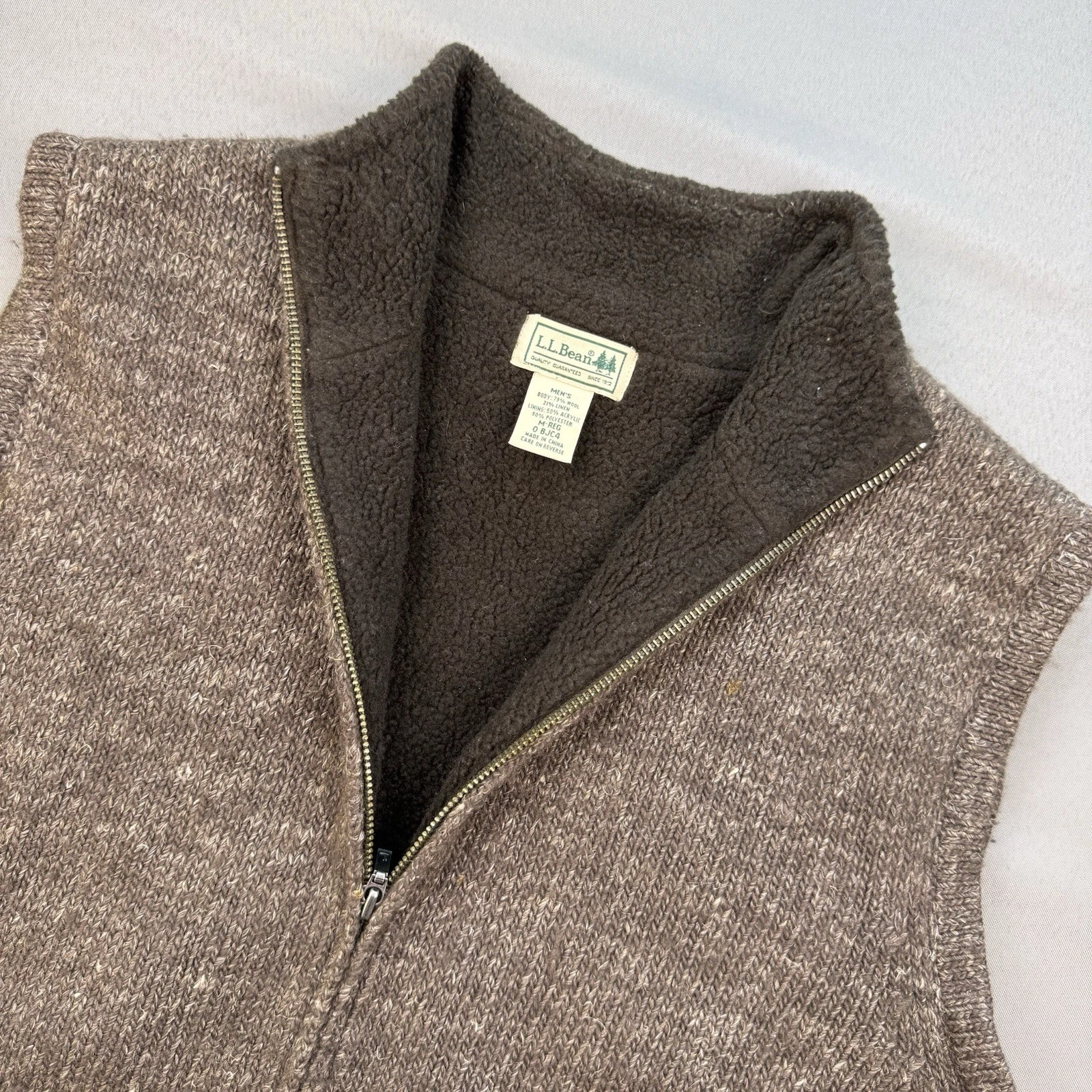 LL Bean Vest Men's M Knit Wool Linen Full Zip Sweater Fleece Lined Brown