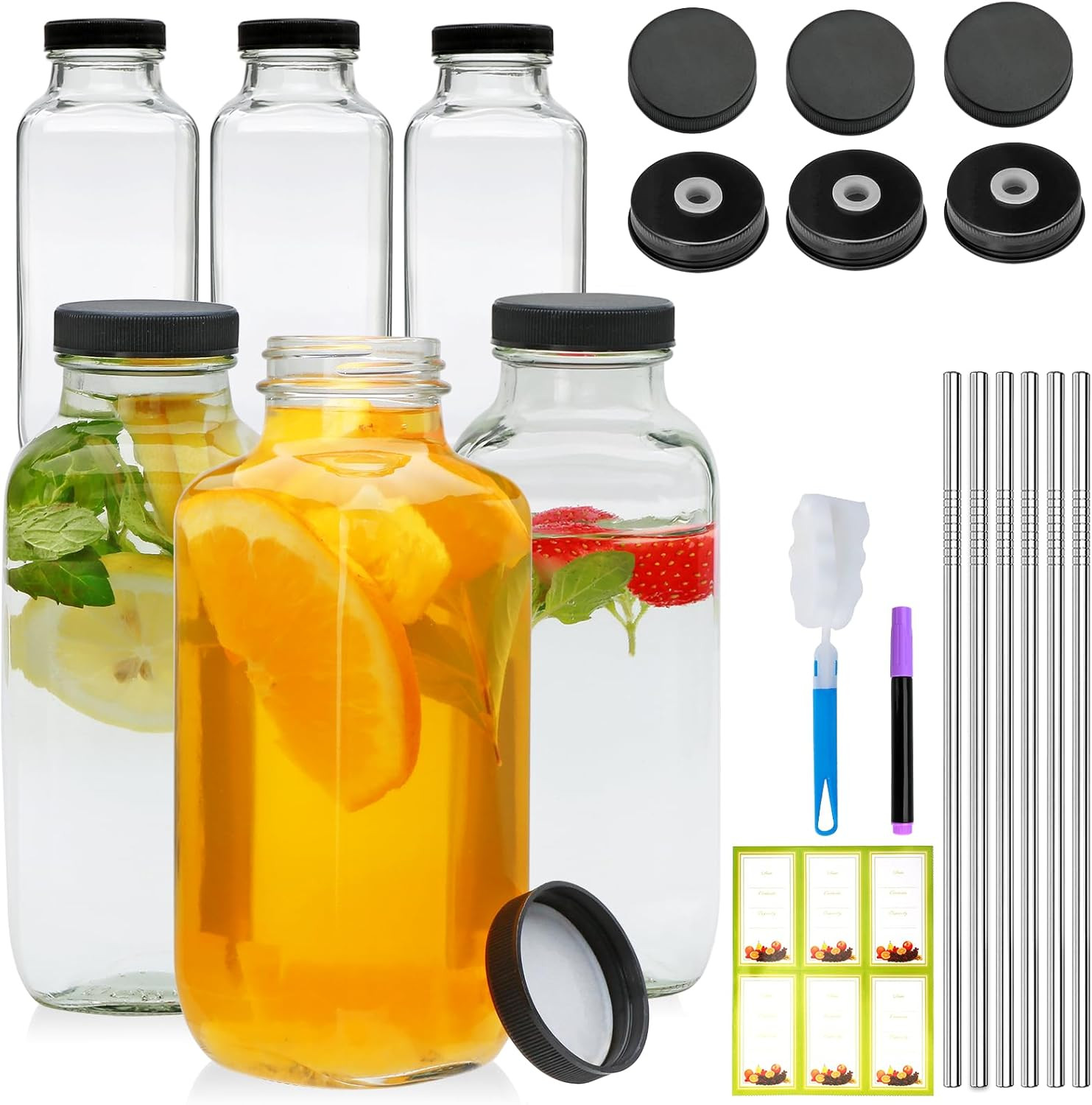 6pk Bottles With Stainless Steel Straws And Accessories