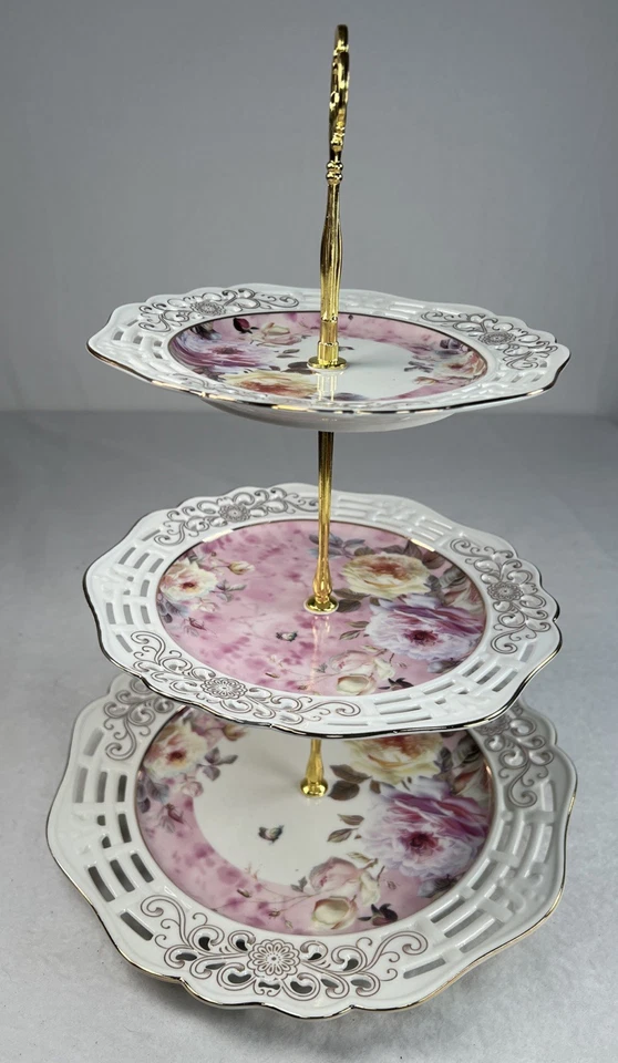 Maison Blanc Tea Time 3-Tier Rosette Floral Server Porcelain Tray Gold Tone EUC - Image 3 of 4