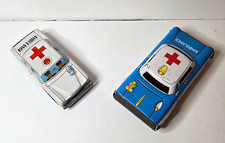 2 Vintage Tin Ambulance Toy Cars Blue  White Japan Made Toy Vehicle