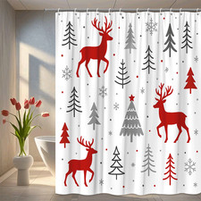 Red and Gray Christmas Shower Curtain with Deer and Trees