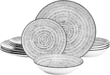 Sketch Serenade Geometric 12 Piece Plates Bowls Dinnerware Set, Black and White
