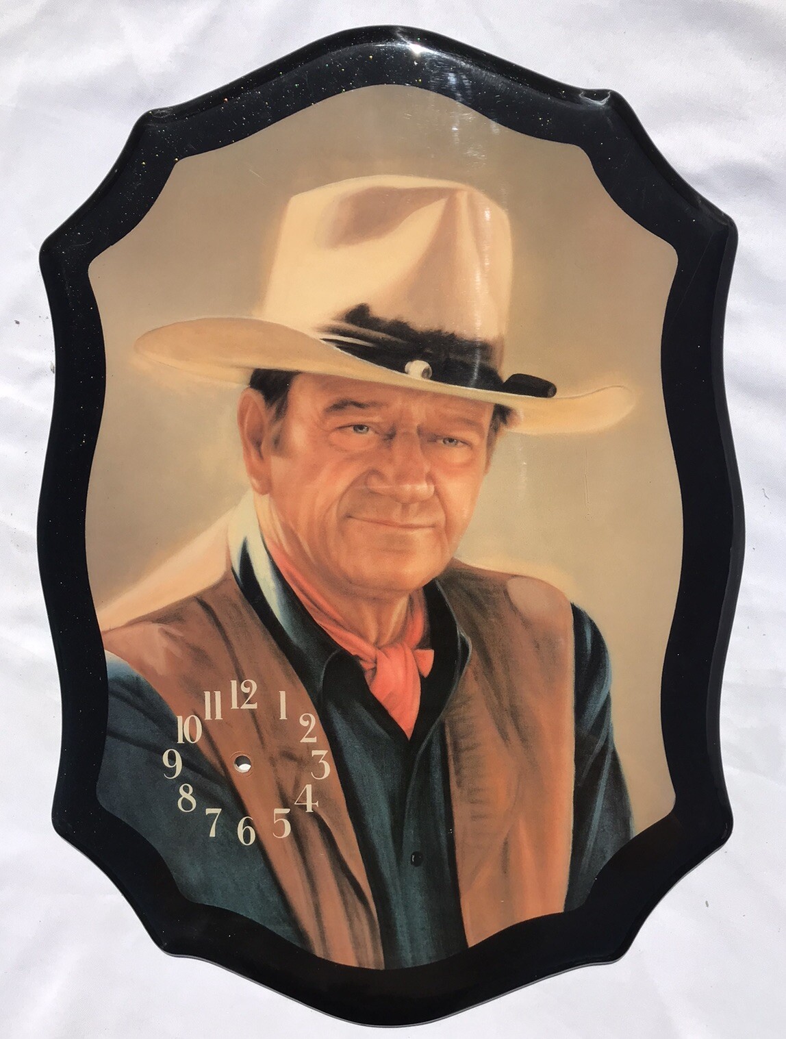 Vtg 70s John Wayne Collectible Wood Glitter Lacquered Clock MCM Western 22” 16”