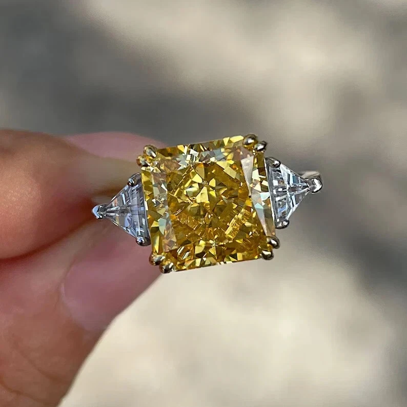 Anillo de compromiso de diamantes y zafiros amarillos naturales de 5,00 quilates de oro blanco real de 14 quilates Foto 4 de 4