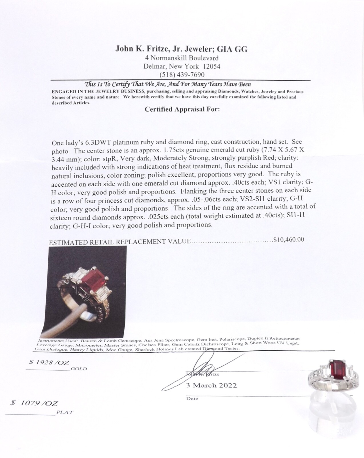 Platinum Emerald Cut Ruby Diamond Engagement Ring… - image 2