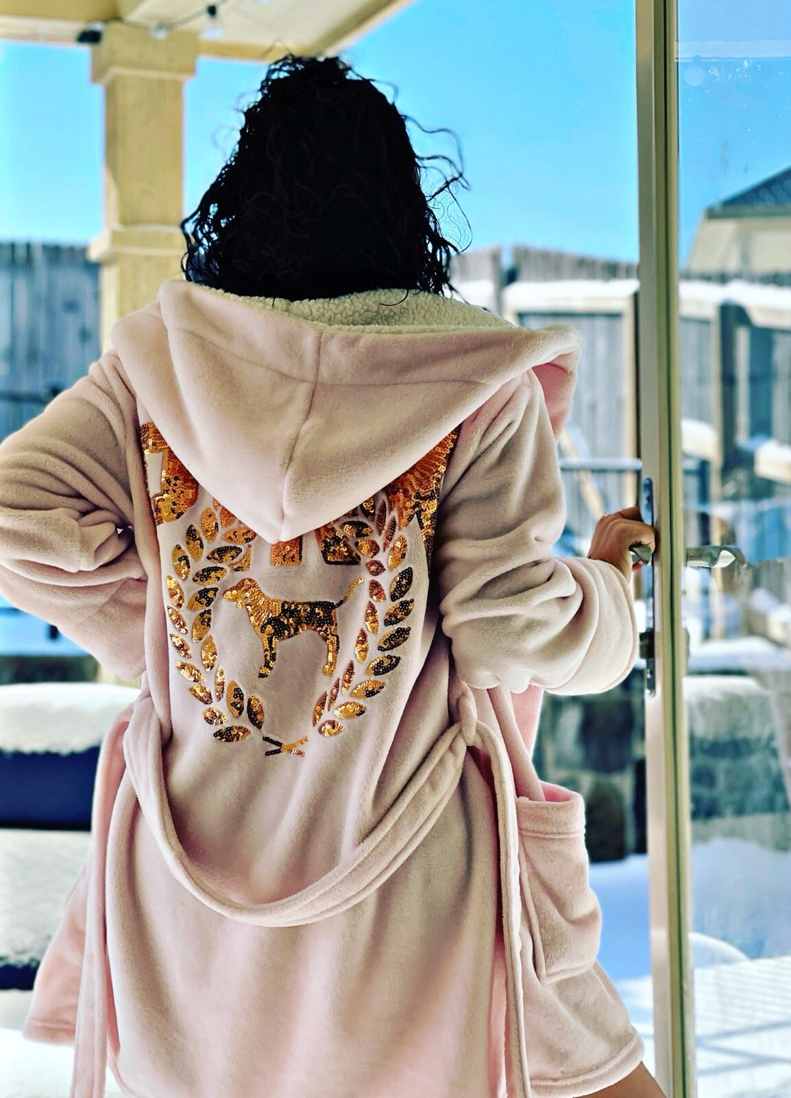 UNDERCOVER Peluche VICTORIAS SECRET PINK Bling Accappatoio Donna M L Cane Oro Rosa Sherpa Felpa con Cappuccio