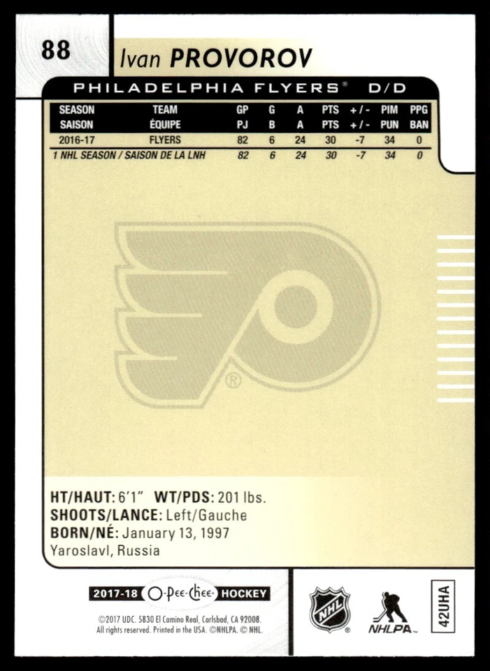 2017-18 O-Pee-Chee SILVER FOIL Ivan Provorov Philadelphia Flyers #88 - Image 2 of 2