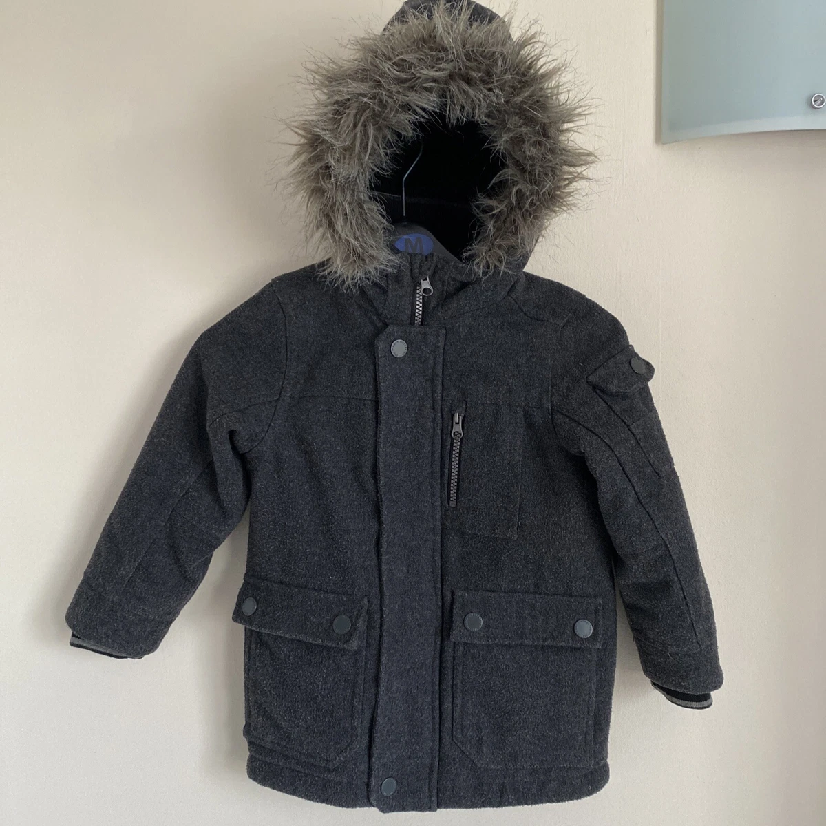 Boys Next Eighty Two Duffle Style Faux Fur Hood Winter Coat Grey Size 4 Years