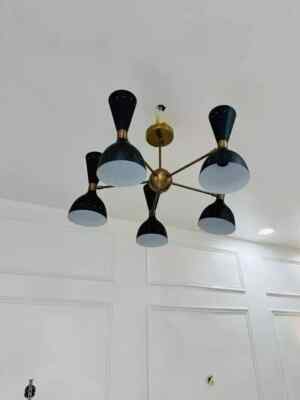 Mid Century Stilnovo Style 5 Arm 10 Light Modern Brass Sputnik Chandelier Light
