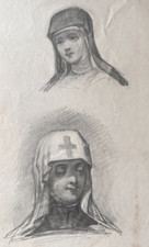 Portrait de femme, infirmière, religieuse XIXe siècle - Dessin ancien original