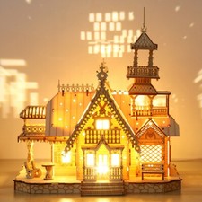 DIY Villa 3D Wooden Model Kit with Light Castle Puzzles Assembly Toy Kids Gits
