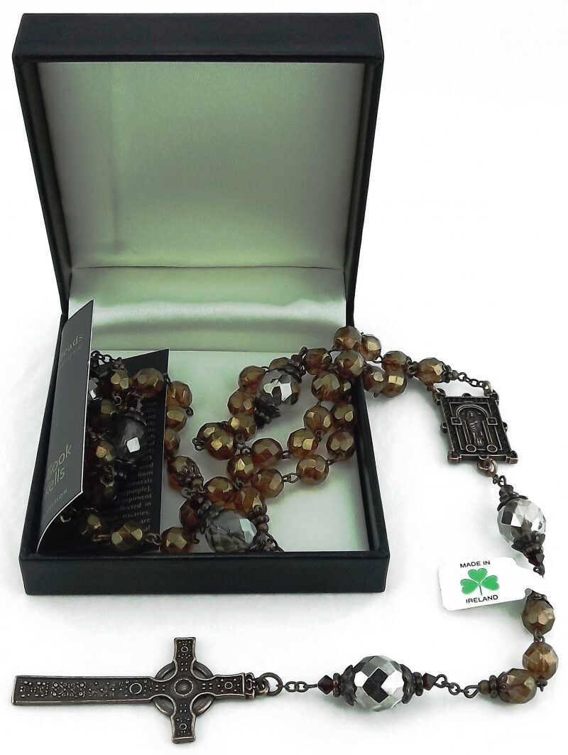 J.C. WALSH & SONS BOOK OF KELLS AMBER AND COPPER FINISH ROSARY BEADS W71323