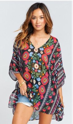 Show Me Your MuMu Womens Floral Poncho Pita M Black V Neck Oversized flowy Beach