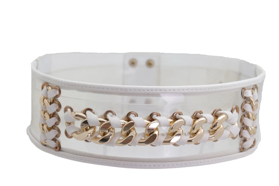 Mujeres Blanco Cintura Elástica Cinturón Ancho Llamativo Metal Dorado Cadena Eslabones Talla XS S Foto 2 de 4