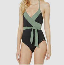  130 Vince Camuto Women's Black Green Wrap Surplice One-Piece Swimsuit Size 14