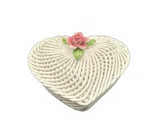 Levante Spain Woven Ceramic Lattice Heart Trinket Dish Rose Accent
