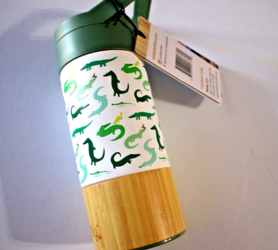 WELLY WATER BOTTLE FOR KIDS 12 OZ INSULATED BAMBOO CROCODILE REPTILE GREEN