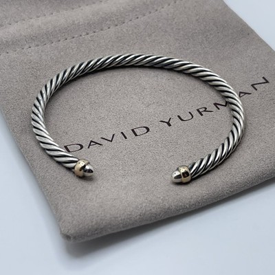 David Yurman 4 mm 925 Sterlingsilber Kabel Flex Armband & 14 Karat Gold Kuppel Armreif