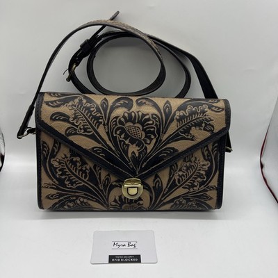 Myra Bag Breeze Wind Hand-Tooled Leather Crossbody Purse Brown Black Boho