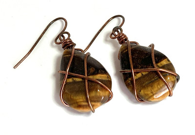 Handmade Copper Wire-wrapped Tiger's Eye Stone Earrings - Copper Earring Wires