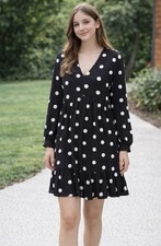 Zara Black White Polka Dot A-Line Ruffle V-Neck Long Sleeve Short Dress M