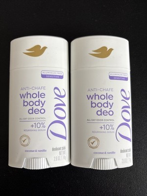 2x Dove Anti-Chafe Whole Body Deo, Coconut & Vanilla, 2.6oz Ea New