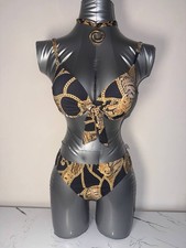 Women’s 3PCS Black Gold Chain Print Bikini Set Tie Front + Sheer Cover Up,L