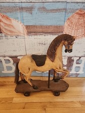 Vintage Primitive Wooden Horse Pull Toy With Cast Iron Wheels