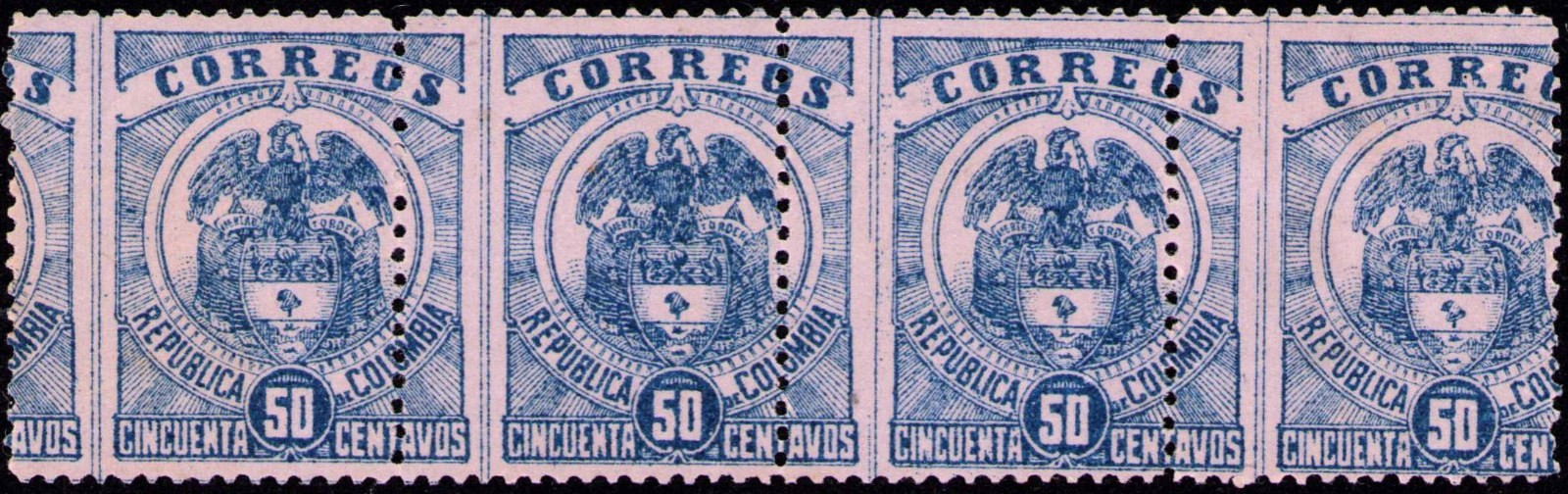 COLOMBIA - LATE CLASSIC - 50c STRIP - W/ PERF  VERT ERRORS - Sc 165 - 1899 RRR