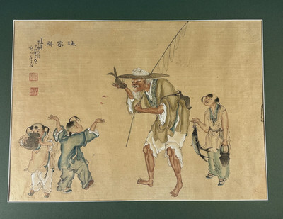 Antikes japanisches Gemälde auf Seide - Ende 19 Jh. - signiert - Fischer mit Kindern