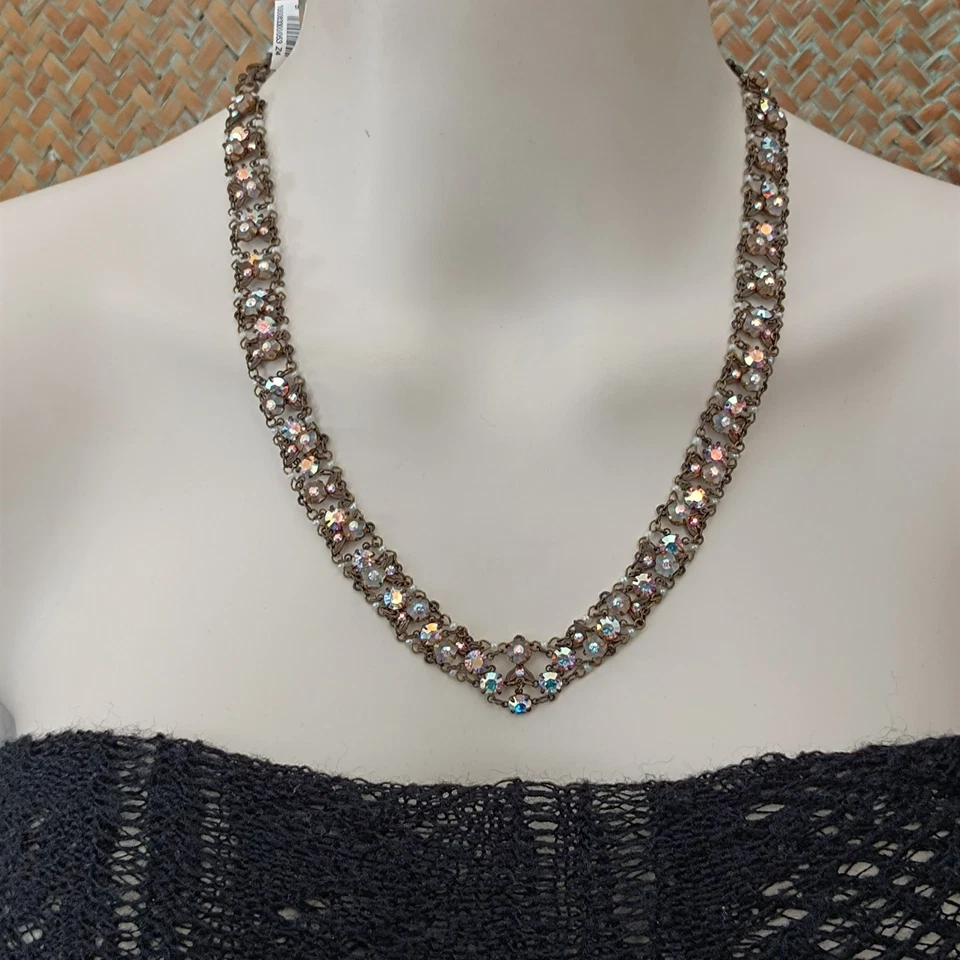 Michal Negrin Choker Necklace AB Crystals Boho Collar V Cocktail Shabby Chic VTG - Image 2 of 4