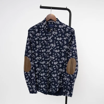 Chemise homme ZARA à fleurs bleu marine boutonnée manches longues écussons co... - Photo 1/4