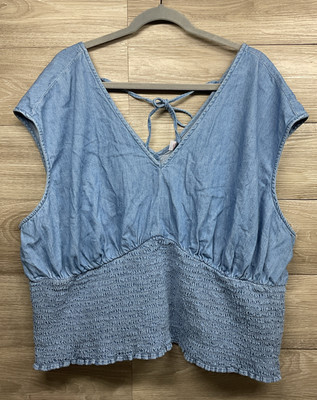 Old Navy Waist Defined Smocked Top Blue Denim Coastal Womens Size 3X Tie Back
