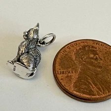 925 Sterling Silver Sitting Cat Charm, 3D, Perky, Alert, Textured, Boxed, New!