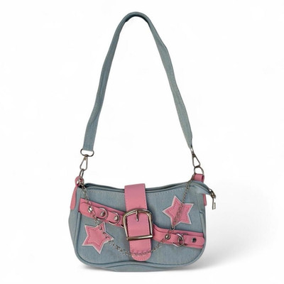 Y2K Street Women s Shoulder Bag Blue/Pink Stars Zip & Buckle Chain, Detachable
