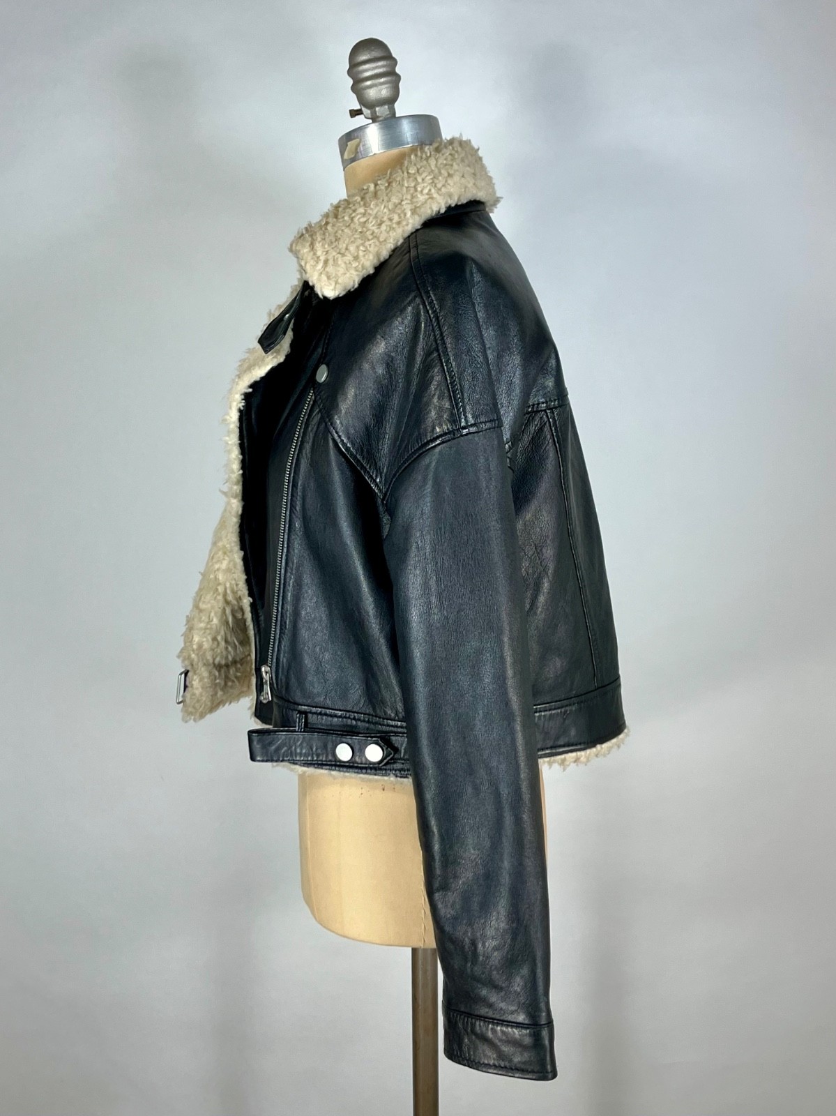 Modern 2012-14 black LEATHER bomber jacket w/faux shearling by ZARA TRAFALUC M image 3