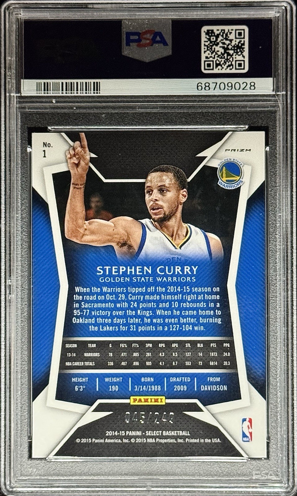 Stephen Curry PSA 10 - 2014 Select Concourse #1 BLUE PRIZM /249 - GS Warriors view 2