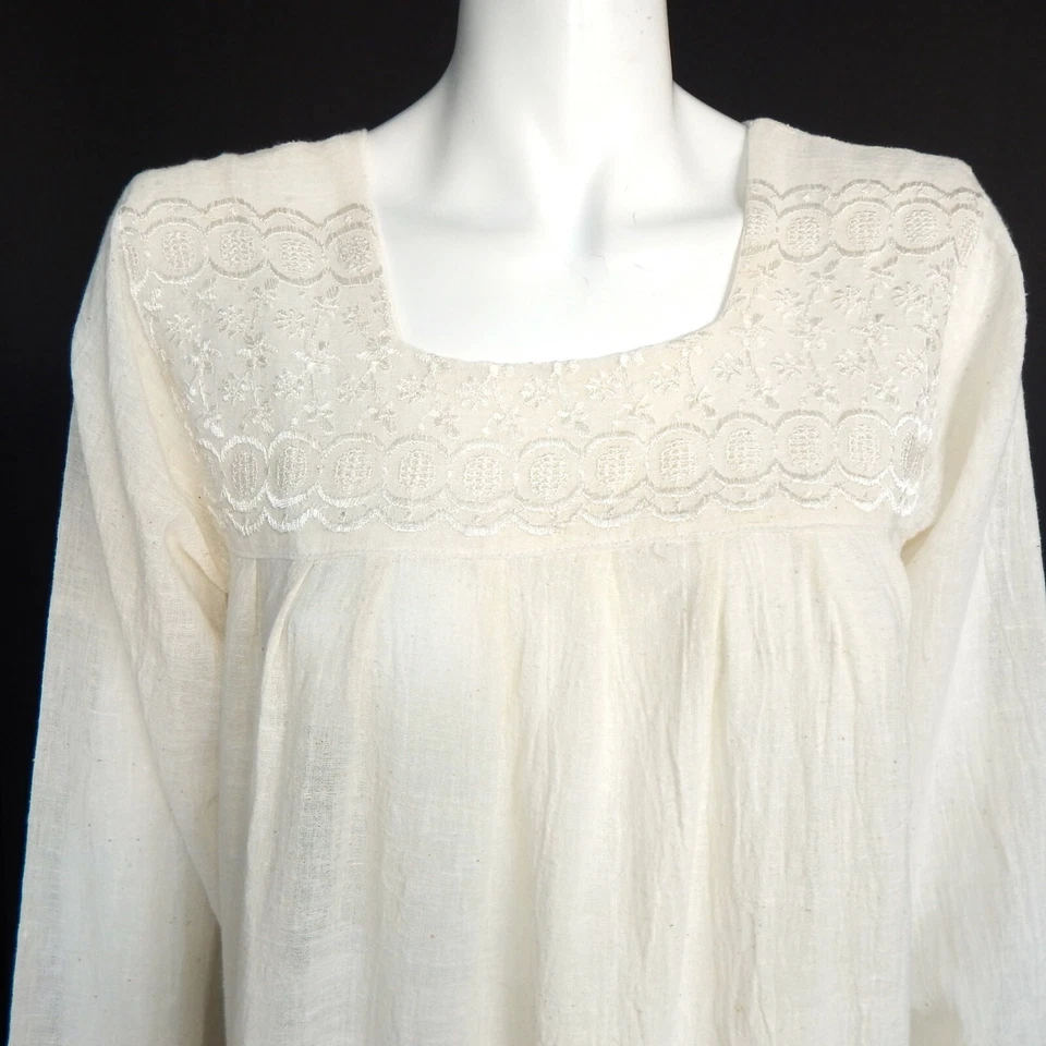 Maxi Vestido Vintage Algodón Gasa Marfil Bordado Kaftan India Talla M/L/8123 Foto 3 de 4