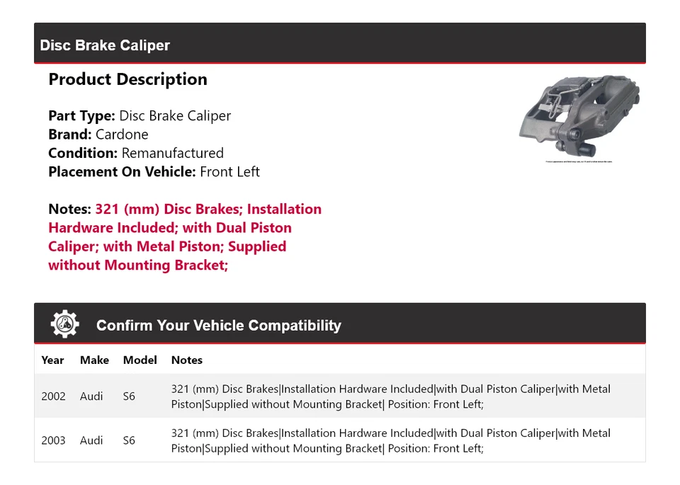 Pinza de freno de disco delantera izquierda cardone audi s6 2002-2003 Foto 2 de 4